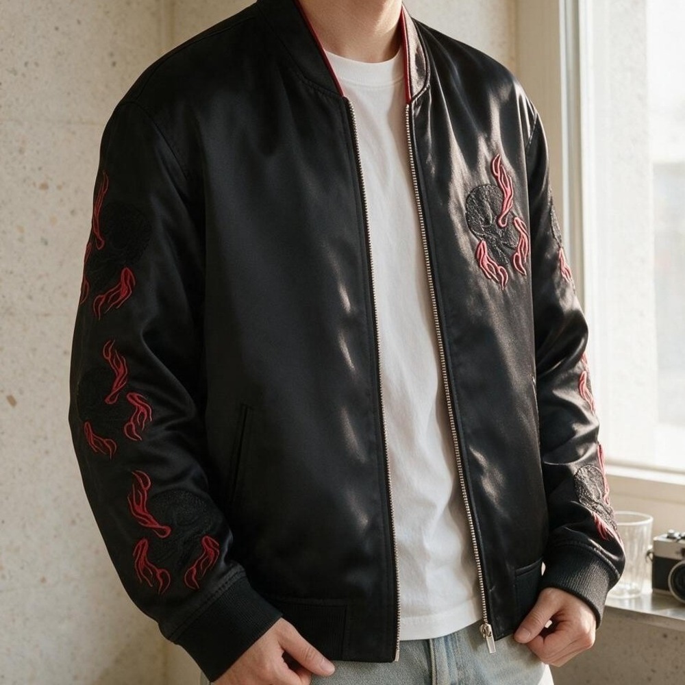 The Kooples Moonlight Embroidered Bomber Jacket NWT Euro 50 US Large Satin Flame